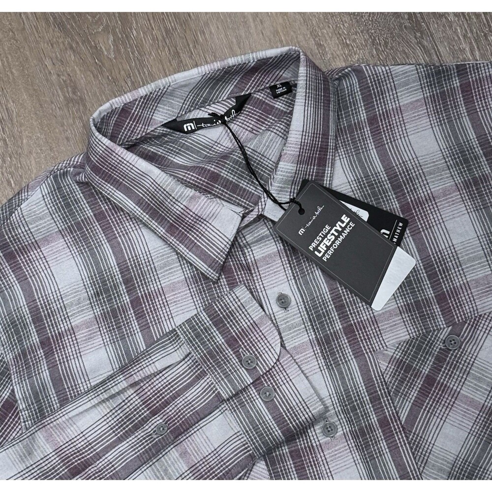 Travis Mathew Shirt Gray Purple Plaid Long Sleeve Button Down Performance XL NEW
